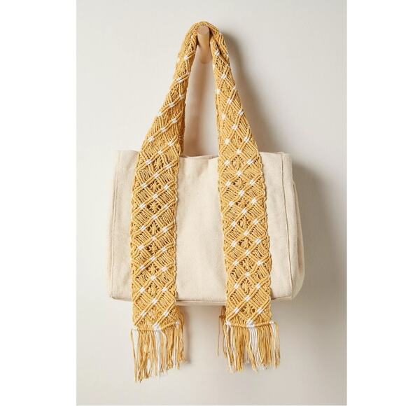 Free People Bohemian Retro 70s Mia Canvas Macrame Strap Tote Bag NWT XL Fringe - Picture 5 of 13